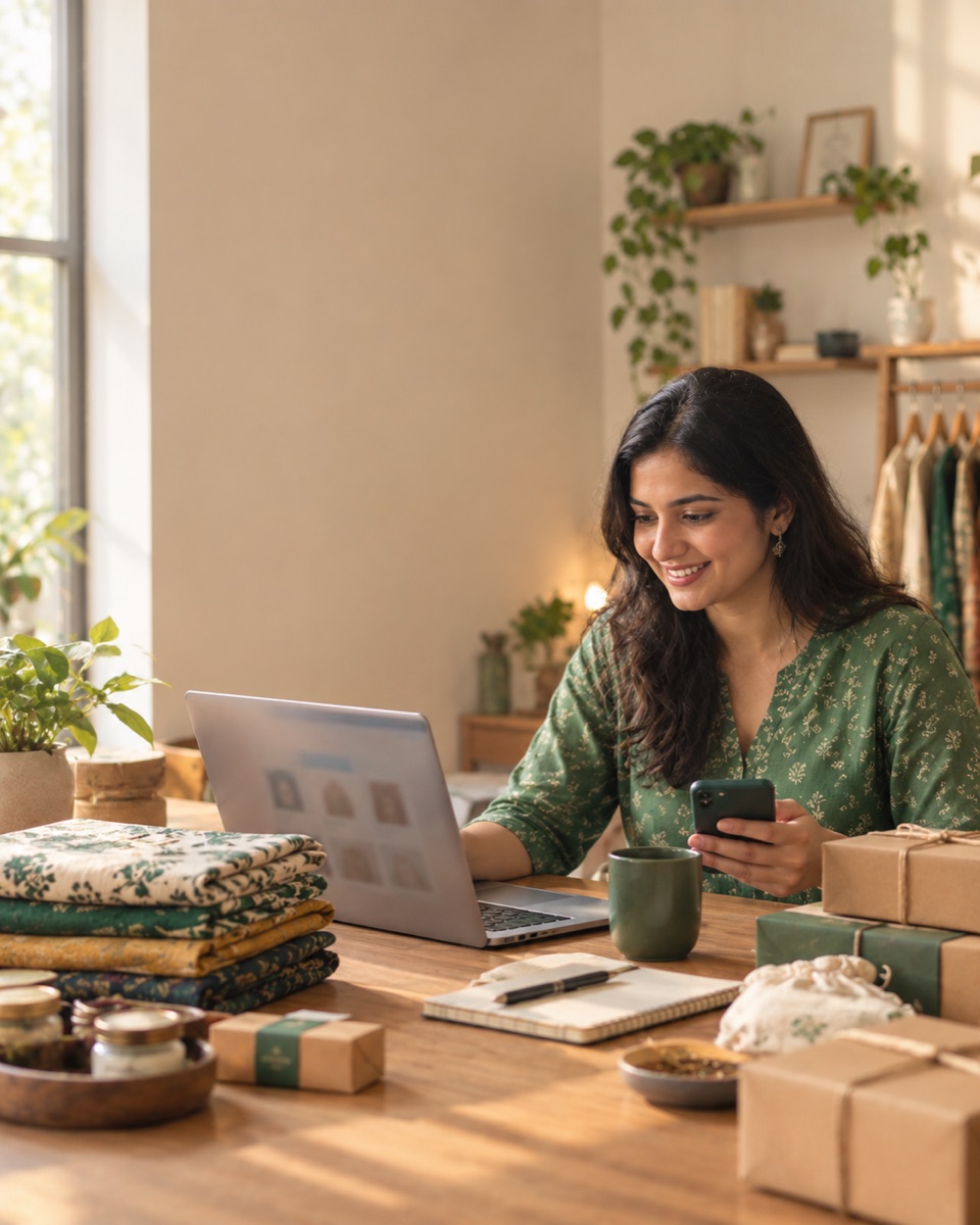 An Indian D2C seller running her online store from her laptop and phone, her products laid out around her